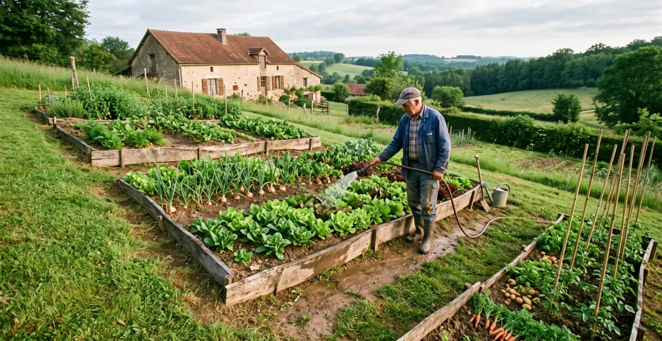 Un jardinier cultive des salades sur des paliers reliés par des talus enherbés.