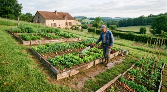Un jardinier cultive des salades sur des paliers reliés par des talus enherbés.