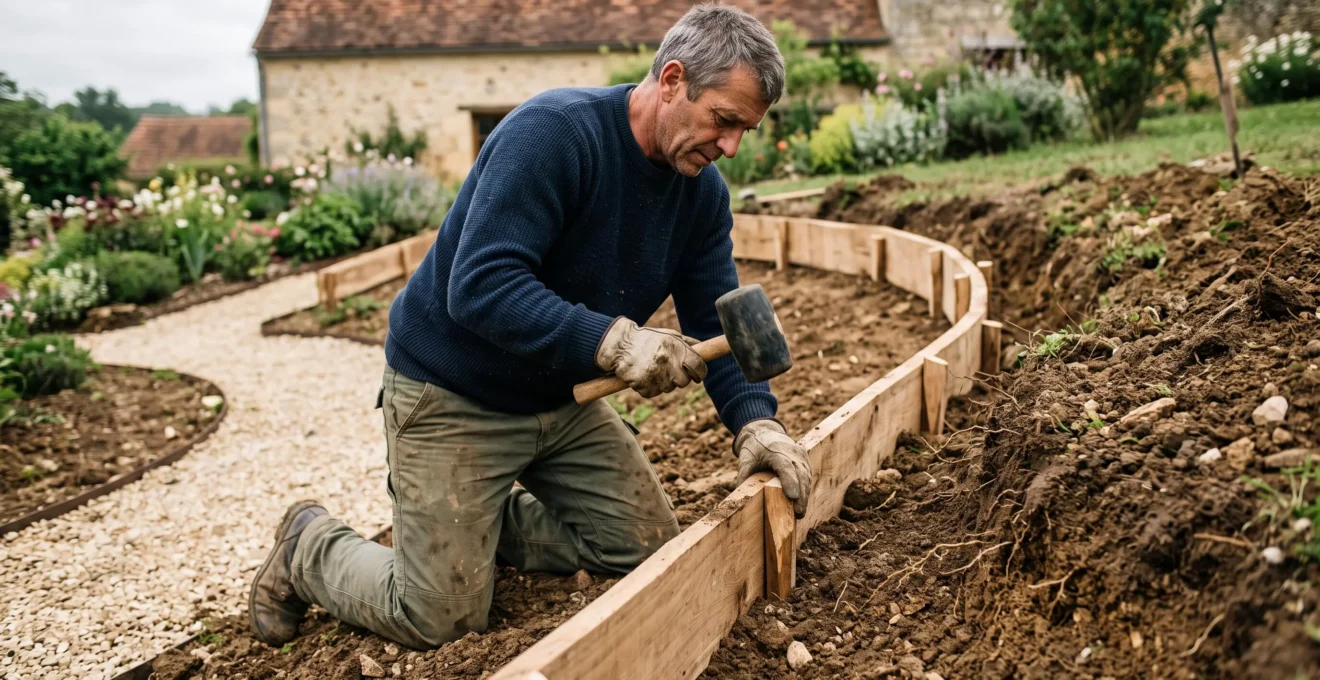 Un paysagiste fixe une bordure en bois pour délimiter un palier sur une pente.
