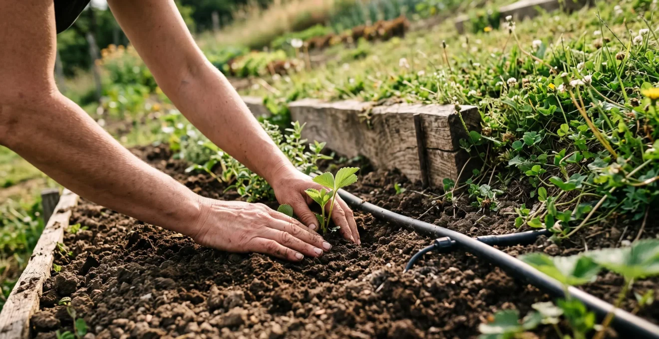 Des mains plantent des fraisiers sur un palier étroit équipé d'un goutte-à-goutte.